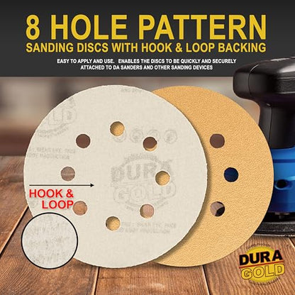 Dura-Gold 5" Gold Sanding Disc Grit Assortment, 8 Hole Pattern 10 Discs Ea - size: Variety Pack - Gold