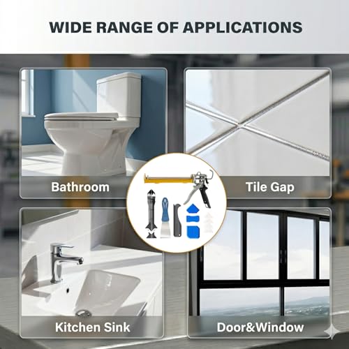Caulk Gun Kit preventing continuous dripping with dual-mode switch, 10 OZ 360° Rotating Barrel with Scraper and Silicone Sealant for DIY Home Bathroom Renovation & Handyman