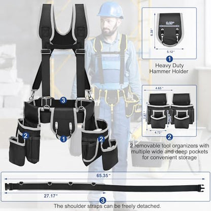 Tool belts for men - multi-functional detachable adjustable tool belt with shoulder strap magnetic wristband set, suitable for electricians and carpenters。 (black and gray) - color: Black and Gray