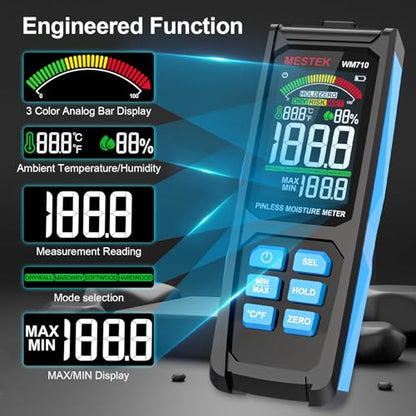 MESTEK Pinless Wood Moisture Meters for Drywall, Water Leak Detector, Wall Moisture Tester for Lumber Concrete Building, Wall Moisture Sensor Digital Humidity Tester for Firewood