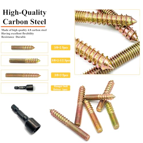 16Pack 3/8-16" Hanger Bolts 3Sizes 2-3 Inch Include1 pcs Hanger Bolt Driver Double Headed Bolts Wood Dowel Screw Self-Tapping Screw Hanger Bolts for Furniture Screws Wood Screws Threaded Rods Bolt - size: 3 Size 3/8-16"-15P+Tool