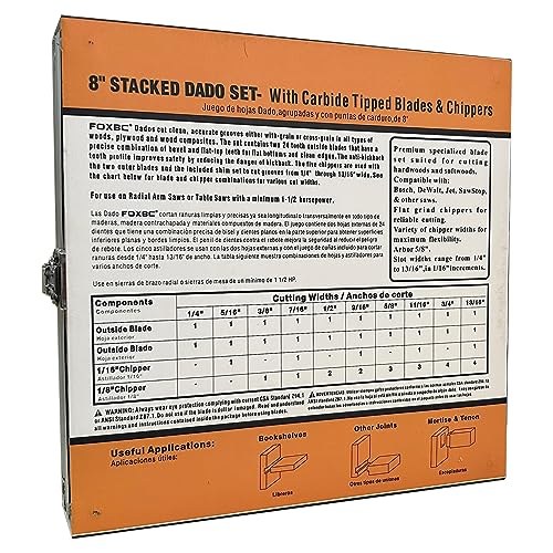 FOXBC 8" Carbide Stacking Dado Blade Set for SawStop, Jet, Dewalt, Bosch Saw - 14 Pieces