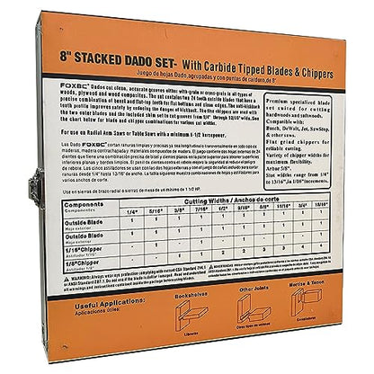FOXBC 8" Carbide Stacking Dado Blade Set for SawStop, Jet, Dewalt, Bosch Saw - 14 Pieces