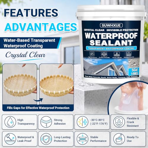 Clear Waterproof Sealant, SUWHXUE 5Gal/19KG Water-Based Transparent Waterproof Leak Repair Coating, Invisible Flexible Sealant for Concrete Walls Wood Metal Roof Water Sealer Indoor & Outdoor - size: 5 Gal