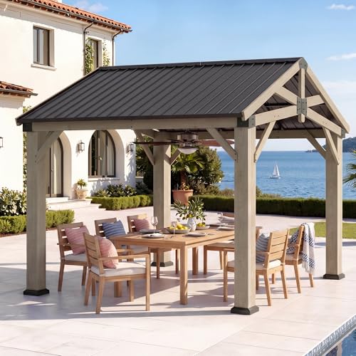 Aoxun 10' x 10' Wood Gazebo with Galvanized Steel Gable Roof, Gray - color: Taupe Gray, size: 10' x 10'