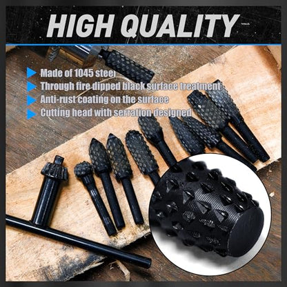 10Pcs Woodworking Twist Drill Bits, Wood Carving Rasp Drill Bits 1/4" Shank
