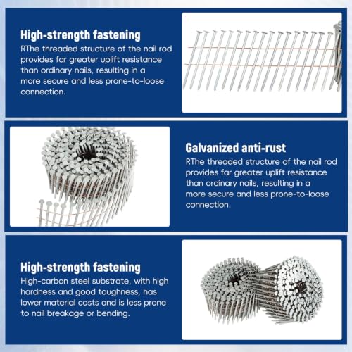 waltyotur 2-1/2Inch x 0.092Inch Collated Wire Coil Siding Nails 15-Degree Full Round-Head Ring 3600 Count Hot-Dipped Galvanized for Rough Nailing of Lathing and Sheathing Materials - size: 0.092*2-1/2in