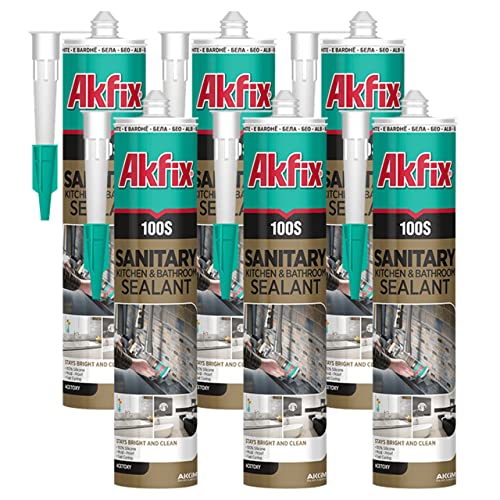 Akfix 100S RTV 100% White Silicone Caulk (6x10.1 fl.oz.) - Kitchen and Bathroom Applications, Waterproof & Low Odor Sealant for, Bathtub, Shower, Sink - Anti Shrink Caulking | White, 6 Pack - size: 6 Pack