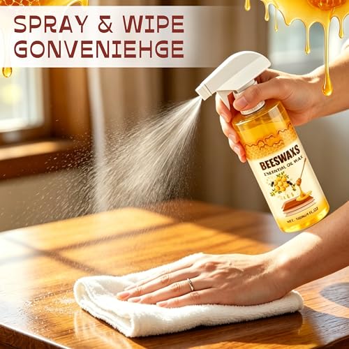 Beeswax Wood Polish Spray, Beeswax Essential Oil Wax, Natural Beeswax Furniture Polish & Wood Cleaner with Sponge and Towel, Upgrade Wood Wax Restorer for Floors, Furniture, Cabinets Tables (2Pcs)