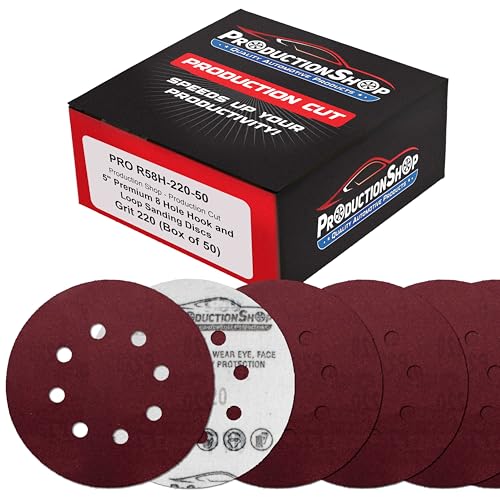 ProductionShop Premium 5" Red 8-Hole Pattern 220 Grit Sanding Discs, Box of 50 - Dustless Hook & Loop Backing Sandpaper for Random Orbital Sanders, Fine-Cut Abrasive - Woodworking, Sand Auto Paint - style: 220 Grit