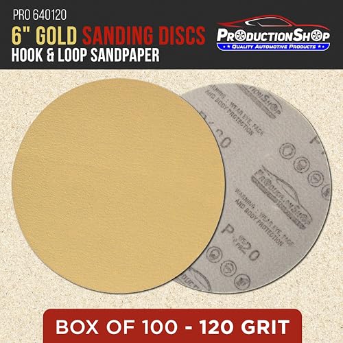 ProductionShop Premium 120 Grit 6" Gold Sanding Discs, Box of 100 - Hook & Loop Backing Abrasive Sandpaper for DA & Random Orbital Sanders - Sand Automotive Paint, Metal, Wood, Woodworking Furniture - style: 120 Grit