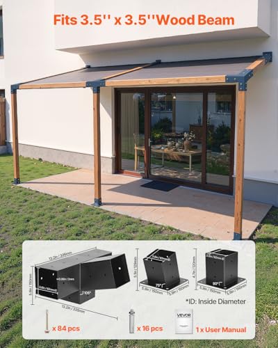 VEVOR Pergola Kit, 4x4 Inch 4-Way Slanted Bracket for 3.5x3.5 Inch Wood Beams in Actual Size, Carbon Steel Pergola Bracket with Post Base and Wall Mount Base, for Outdoor Pergolas, Gazebos, Sheds - size: 1PC 15°4-Way+1PC Wall Mount Base 4*4 SET