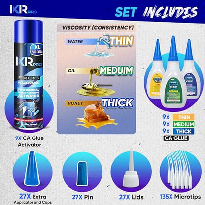 CA Glue with Activator 27x Thin Medium Thick Glue Kit 9X 16.9oz Accelerator - size: 9 Pack