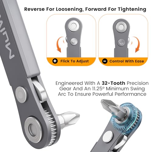 MULWARK 20pc 1/4 Ultra Low Profile Mini Ratchet Wrench Close Quarters Screwdriver Set with High Torque - Right Angle EDC Tool with 90 Degree Mini Offset Reversible Drive Handle & Multi Hex Bits Set