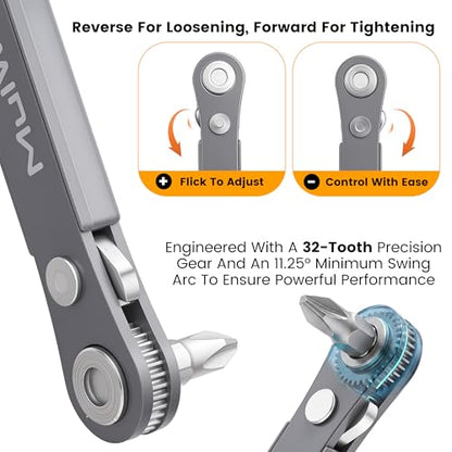 MULWARK 20pc 1/4 Ultra Low Profile Mini Ratchet Wrench Close Quarters Screwdriver Set with High Torque - Right Angle EDC Tool with 90 Degree Mini Offset Reversible Drive Handle & Multi Hex Bits Set
