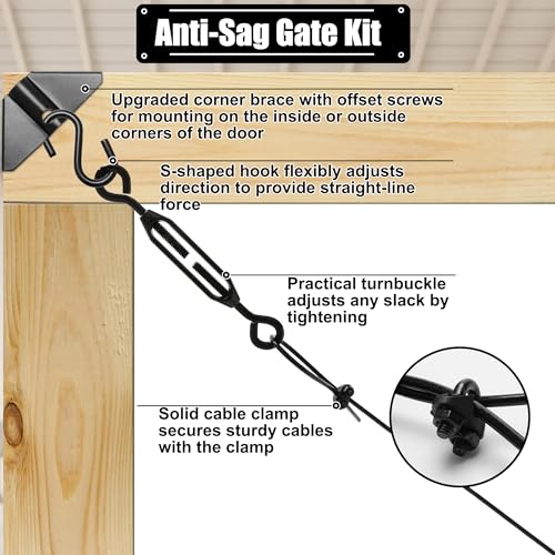 2 Set Anti-Sag Gate Kits for Wooden Fence, Anglecai Gate Support Cable Kit