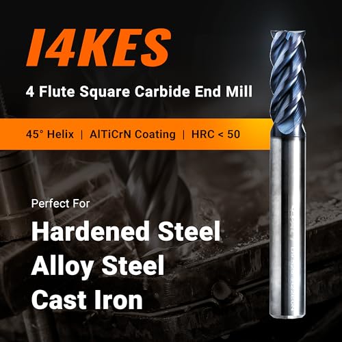 ACCUCUT I4KES 1/4” Carbide Square End Mill - 4 Flute Milling Bit for Steel, Forge Steel, Copper, Alloys & Materials < HRC 50-45 Degree Helix, AlTiCrN Coating CNC Router Bit - size: 1/4 in