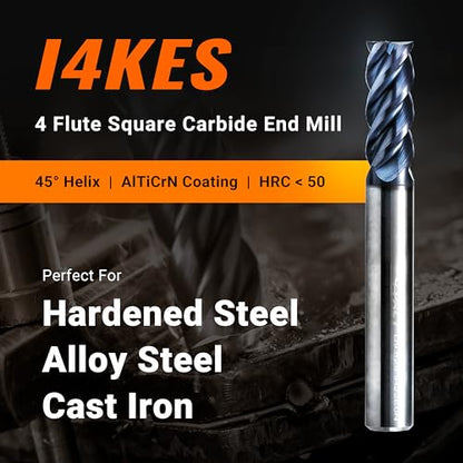 ACCUCUT I4KES 1/4” Carbide Square End Mill - 4 Flute Milling Bit for Steel, Forge Steel, Copper, Alloys & Materials < HRC 50-45 Degree Helix, AlTiCrN Coating CNC Router Bit - size: 1/4 in