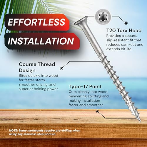 #8 x 1-5/8 Inch Stainless Steel Wood Screws | 304 Grade | 350 Pack | T20 Star Torx Drive Flat Head | (2) 2" Pro Drive Bits Included | Corrosion Resistance | Fence and Outdoor Use (1-5/8") - size: 1-5/8"
