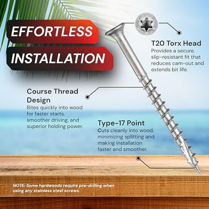 #8 x 1-5/8 Inch Stainless Steel Wood Screws | 304 Grade | 350 Pack | T20 Star Torx Drive Flat Head | (2) 2" Pro Drive Bits Included | Corrosion Resistance | Fence and Outdoor Use (1-5/8") - size: 1-5/8"