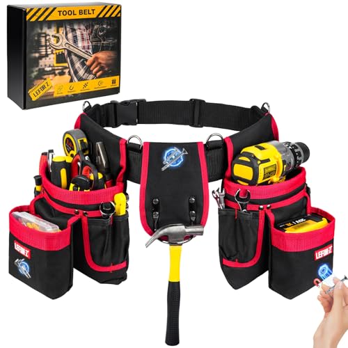 Tool Belt with 4 D-Rings,27-Pockets Tool Belts for Men,Construction - color: Red & Black, size: 27 Pockets