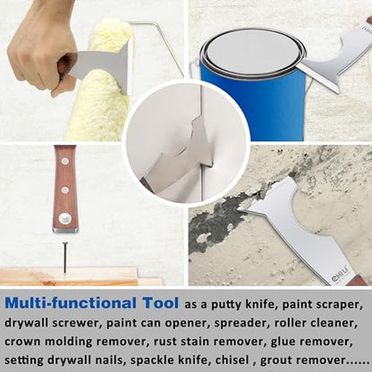 CHILI TOOLS Stainless Steel 5 in 1 Painters Tool with Wood Handle and Metal Hammer End, Made in Taiwan | Spackle Caulk Remover | Roller Cleaner | Putty Knife | Wallpaper Scraper | Can Bottle Opener - style: Paint Scraper