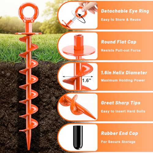 FEED GARDEN Ground Anchors Screw in Heavy Duty, 4 Pack 15 Inch Spiral Earth Anchors for Trampoline Anchors High Wind, Swing Set Anchors, Tent Stakes, Dog Tie Out & Canopy Stability, Orange