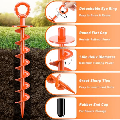 FEED GARDEN Ground Anchors Screw in Heavy Duty, 4 Pack 15 Inch Spiral Earth Anchors for Trampoline Anchors High Wind, Swing Set Anchors, Tent Stakes, Dog Tie Out & Canopy Stability, Orange