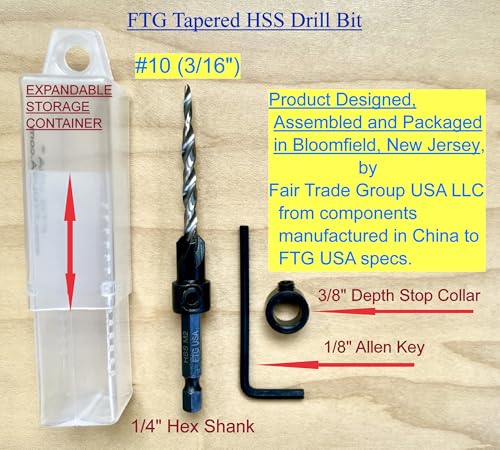 FTG USA #10 (3/16") Countersink Drill Bit for Wood with Tapered Drill Bits - size: #10, style: with Depth Stop