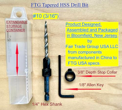 FTG USA #10 (3/16") Countersink Drill Bit for Wood with Tapered Drill Bits - size: #10, style: with Depth Stop