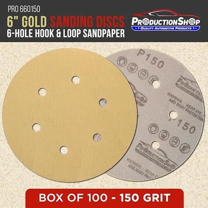 ProductionShop Premium 150 Grit 6" Gold Sanding Discs, 6-Hole Pattern, Box of 100 - Dustless Hook & Loop Backing Sandpaper for DA & Random Orbital Sanders, Sand Auto Paint, Wood Woodworking Furniture