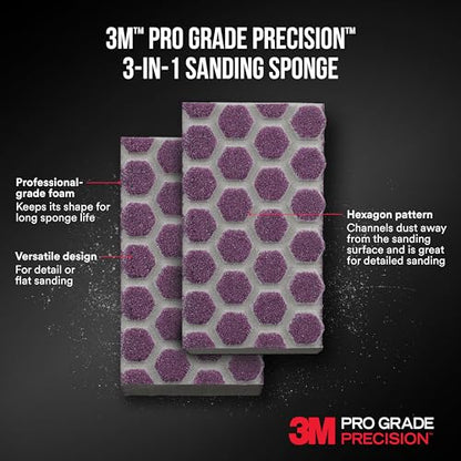 3M Pro Grade Precision 3-in-1 Sanding Sponge, 320 Grit X-Fine, 2 Sponges, Washable & Reusable, for Wood, Metal, Drywall, and Paint Finishing – Flexible Foam, Contoured, Angled, Flat - size: 2.5 in x 4.5 in x 1 in - 2 Sponges, style: 320 Grit X-Fine