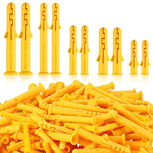 Sasylvia 200 Pcs Plastic Wall Anchors Drywall Kit, 5 Sizes Yellow Anchors