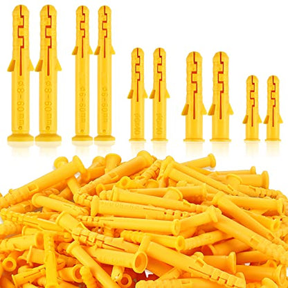 Sasylvia 200 Pcs Plastic Wall Anchors Drywall Kit, 5 Sizes Yellow Anchors