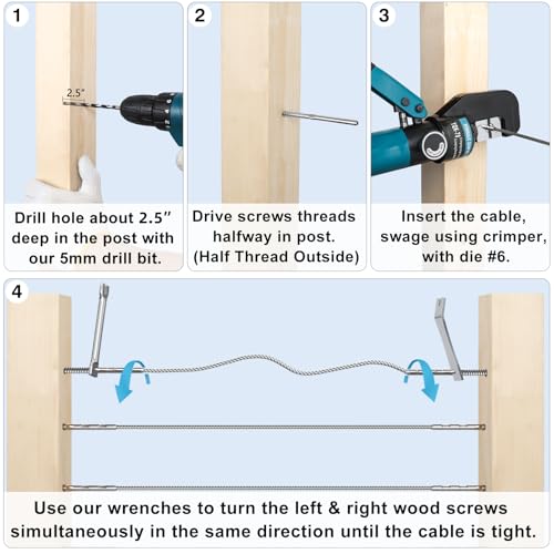 Steel DN Mate 30 Pack Left&Right Handed Thread Swage Lag Screws for Wood Post of 1/8" Deck Railing Kit, T316 Stainless Steel Cable Railing/Stair Deck Railing, DIY Baluster Hardware, Wrench Included - color: Silver