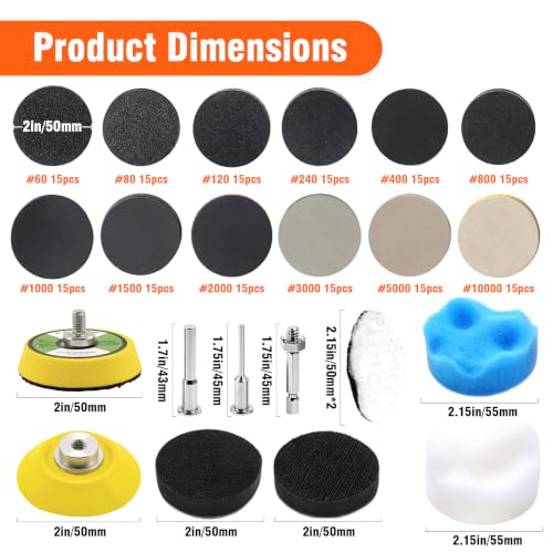 193Pcs 2 Inch Sanding Discs Set, Hook and Loop Polishing Kit for Headlight Restoration, Wet Dry Buffing Pads for Metal, Wood, and Glass