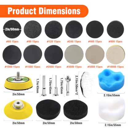 193Pcs 2 Inch Sanding Discs Set, Hook and Loop Polishing Kit for Headlight Restoration, Wet Dry Buffing Pads for Metal, Wood, and Glass