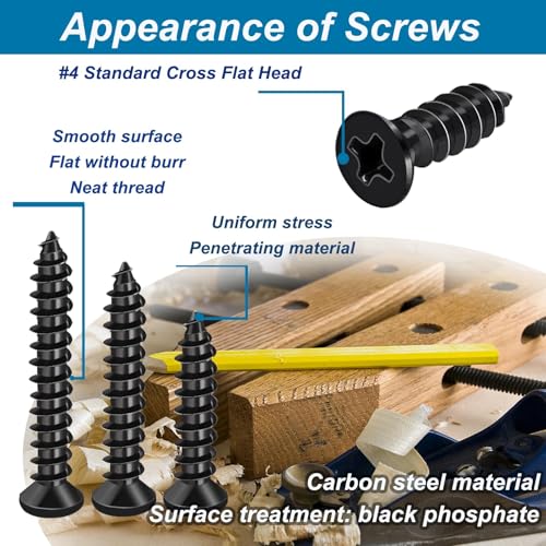 #4 Small Wood Screws Assortment Kit 420PCS, Black Short Phillips Flat Head Self Tapping Cabinet Hinge Screws, Hardened Carbon Steel Tiny Micro Mini Screws with 20Pcs M6 Wall Anchors - size: 420pcs-9 SIZES