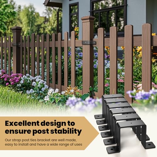 6 Pack 4x4 Strap Post Ties, Heavy Duty Post Brackets for Wood - color: Black 4”x4“ - 6 Pack