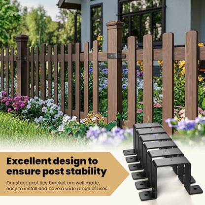 6 Pack 4x4 Strap Post Ties, Heavy Duty Post Brackets for Wood - color: Black 4”x4“ - 6 Pack