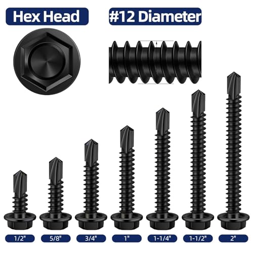 #12 x 1-1/2" (5/8" to 3" Available) Hex Washer Head Self Drilling Sheet Metal Screws with Drill Point, Stainless Steel 410, Black Oxide, 50 PCS - color: Black, size: #12 x 1-1/2"