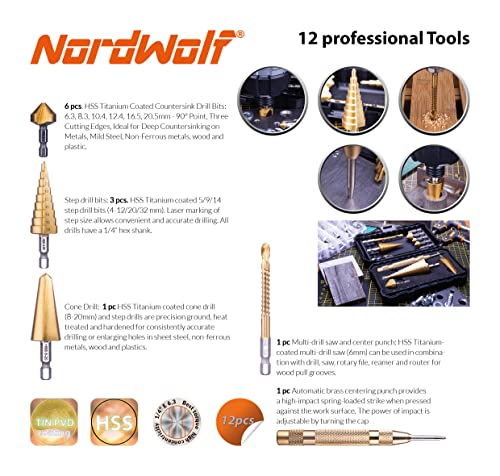 12PCS HSS Titanium Step, Countersink, Cone Drill Set with 1/4" Hex Shank - size: 12 pcs