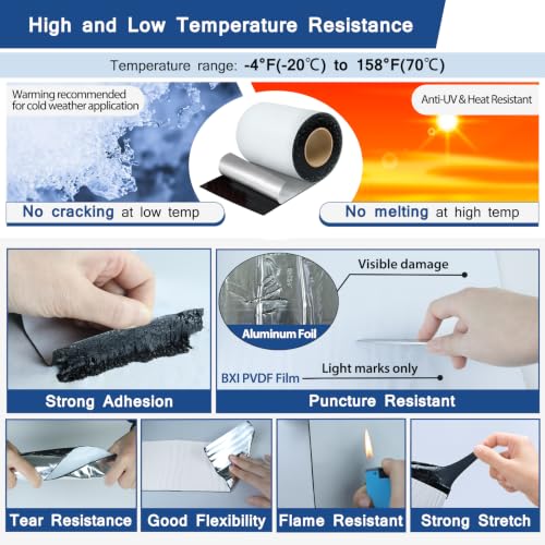 BXI Fluorocarbon Film Asphalt Waterproof Tape, 4 Inches X 32 Feet, Weatherproof Sealing Membrane, Self-Adhesive SBS Modified Bitumen Flashing Sealant Patch, Seam Leak for Roof Window Driveway Repair - size: 4" x 32'