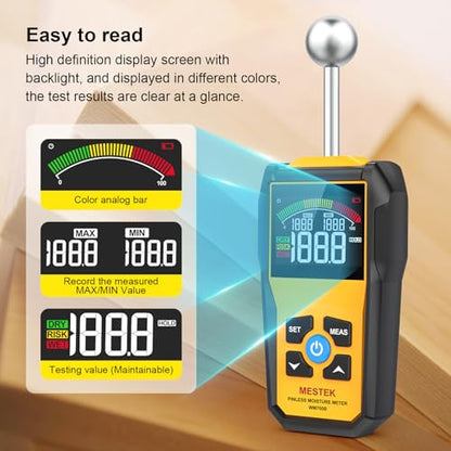 MESTEK Wood Moisture Meter for Non-Destructive Moisture Detection in Drywall, Wood, and Masonry, Moisture Tester with Backlit Color LCD Display & Alarm Function, Detects up to 20-40mm Below Surface