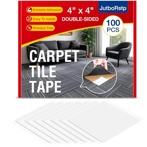 Carpet Tile Tape Double Sided, 4 x 4 Inches 100 Tabs, Rug Tape Grippers for Indoor Outdoor Use, Non Slip Adhesive for Area Rugs on Hardwood, Vinyl, Concrete Floors, Residue Free