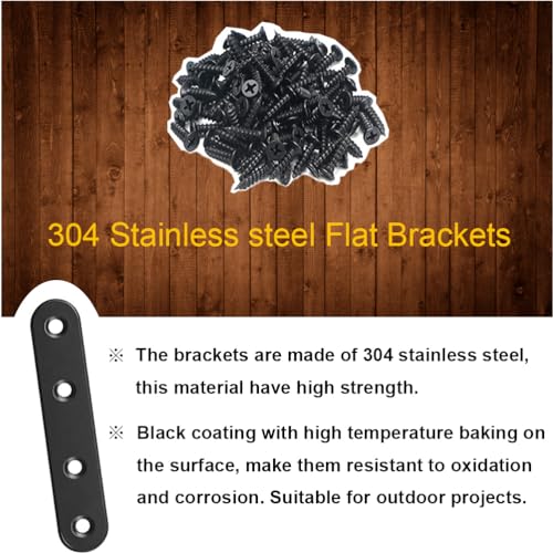 12Pcs Black Straight Brackets 3 Inch Stainless Steel Flat Brace Mending Plates, Sturdy Metal Repair Fixing Joining Brackets for Wood Furniture with Screws - size: 12 Pack