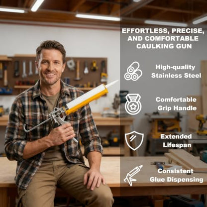 Caulk Gun Kit preventing continuous dripping with dual-mode switch, 10 OZ 360° Rotating Barrel with Scraper and Silicone Sealant for DIY Home Bathroom Renovation & Handyman
