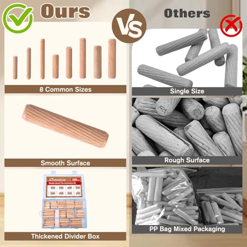 SPEEDWOX 225Pcs Wooden Dowel Pins 8 Sizes 1/4 5/16 3/8 Inch Small Fluted Wood Dowels Rods Crafts Pegs Hardwood Pin for Furniture Woodworking DIY Crafts with Labeled Storage Box