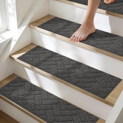 BEQHAUSE Non Slip Stair Treads for Wooden Steps 28" x 9", 4pcs, Charcoal - color: Charcoal - Geometric, size: 28 in X 9 in (4 Pieces)