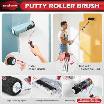 suokoun Drywall Skimming Tool Set, 24 Inch Drywall Skimming Blade, Mud Pan, 9 Inch Compound Roller, Extension Handle and Three Mud Knife for Plasterboard Skim Coating and WallBoard - size: 24+14+9+7+4+3inch